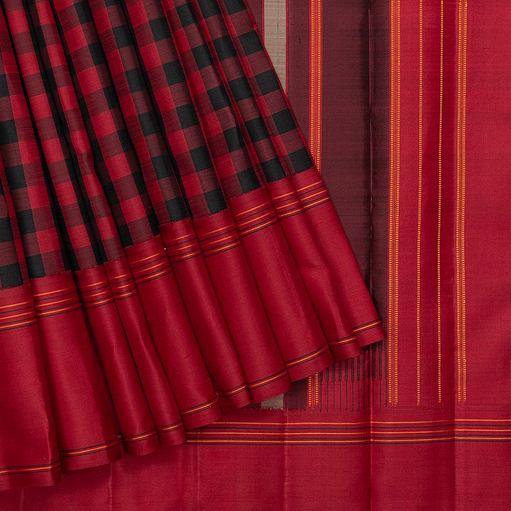 Hayagrivas Handloom Black &amp; Maroon Checks Kanjivaram Silk Saree KBFL384J1-1-BF384-SBS