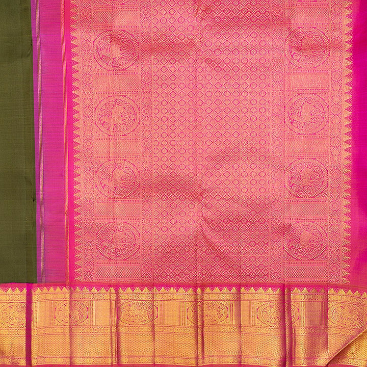 Hayagrivas Handloom Mehandi Green Kanjivaram Silk Saree with Orangish-Pink Border SSCBF189J2-1