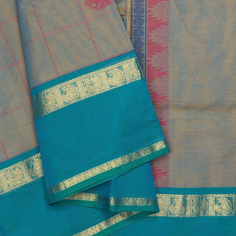Hayagrivas Brown-Blue Dual Tone Handloom Chettinad Cotton Saree SSSBF131H4-2