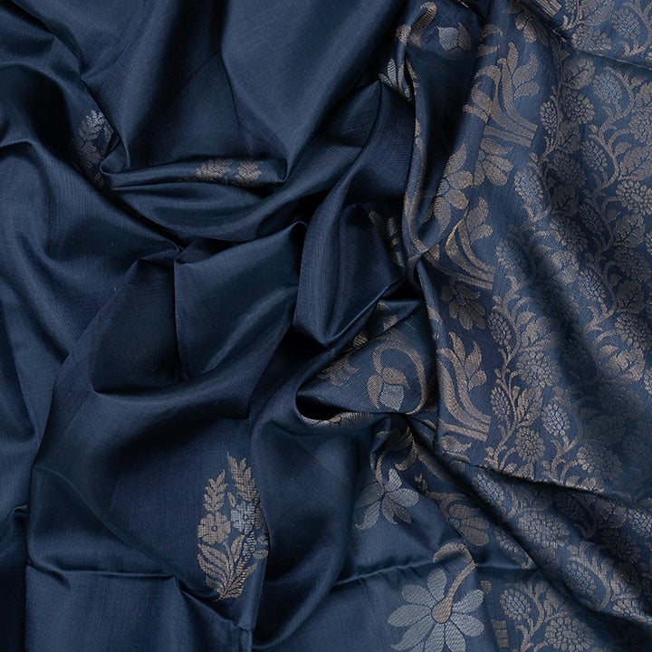 Hayagrivas Bluish-Grey Handloom Soft Silk Saree KBE2106A39-1