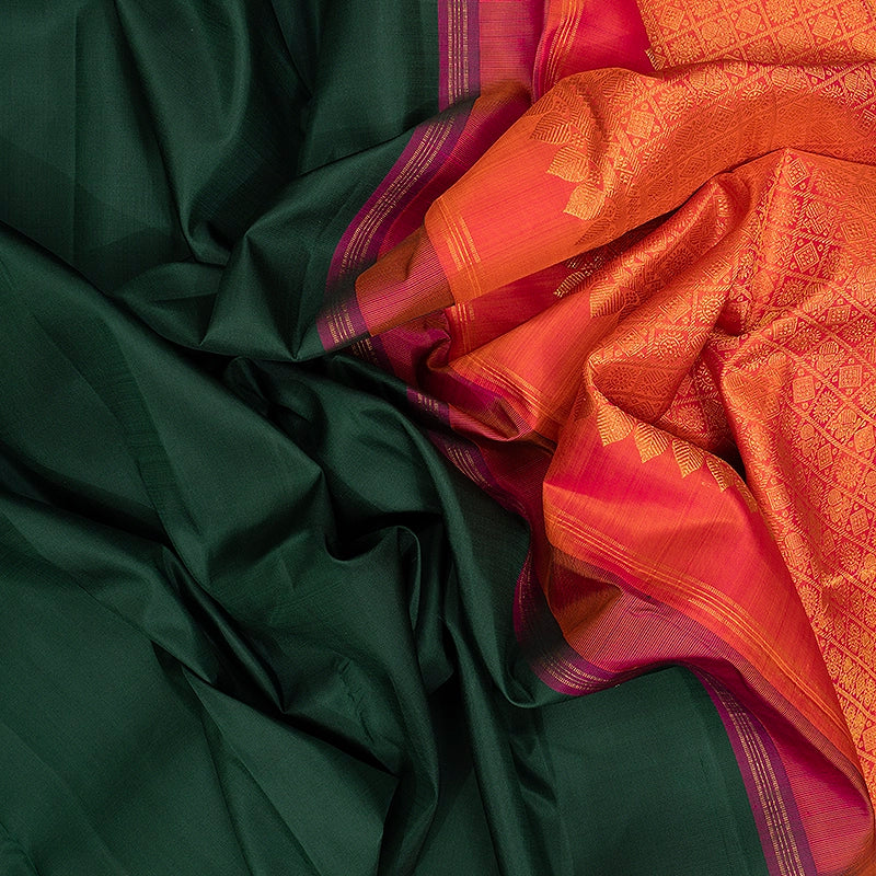 Hayagrivas Handloom Bottle Green Kanjivaram Silk Saree with Orangish-Pink Border KBF307E4-1