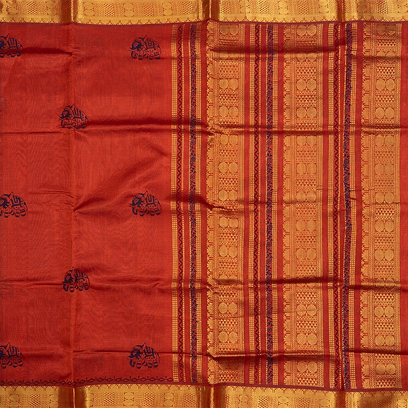 Hayagrivas Rust Orange Pure Printed Silk Cotton Saree HBF195E3-5