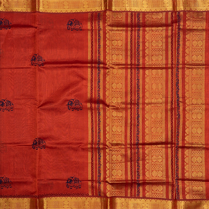 Hayagrivas Rust Orange Pure Printed Silk Cotton Saree HBF195E3-5