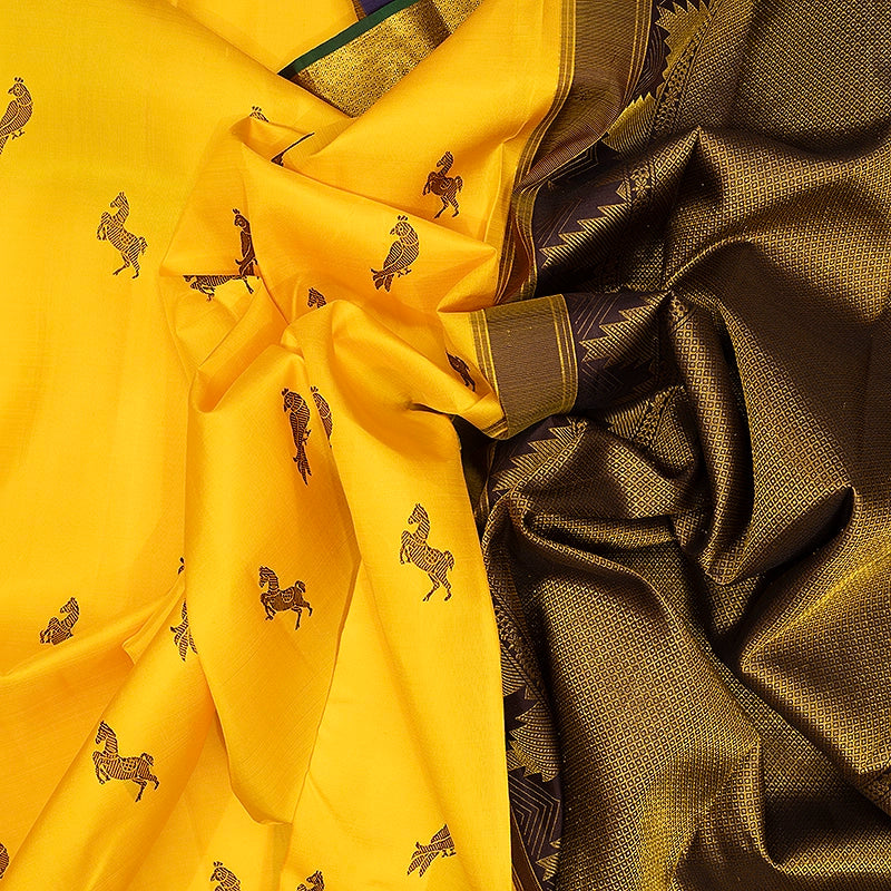 Hayagrivas Handloom Yellow Kanjivaram Silk Saree with Bottle Green Border KBF409F4-1
