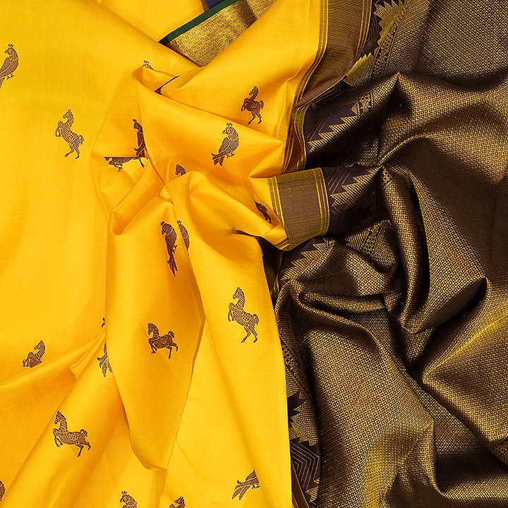 Hayagrivas Handloom Yellow Kanjivaram Silk Saree with Bottle Green Border KBF409F4-1