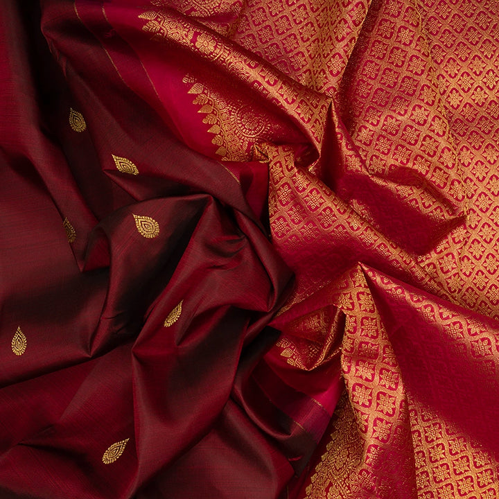Hayagrivas Handloom Wine Maroon Kanjivaram Silk Saree with Rani Pink Border KBF391F2-5