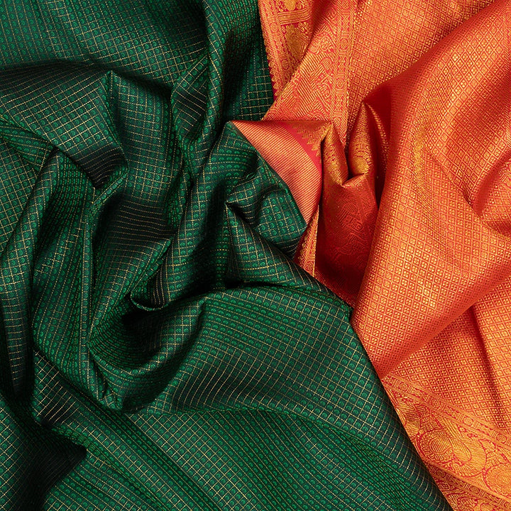 Hayagrivas Handloom Kanjivaram Silk Saree with Orangish-Pink Border KBF427F5-4