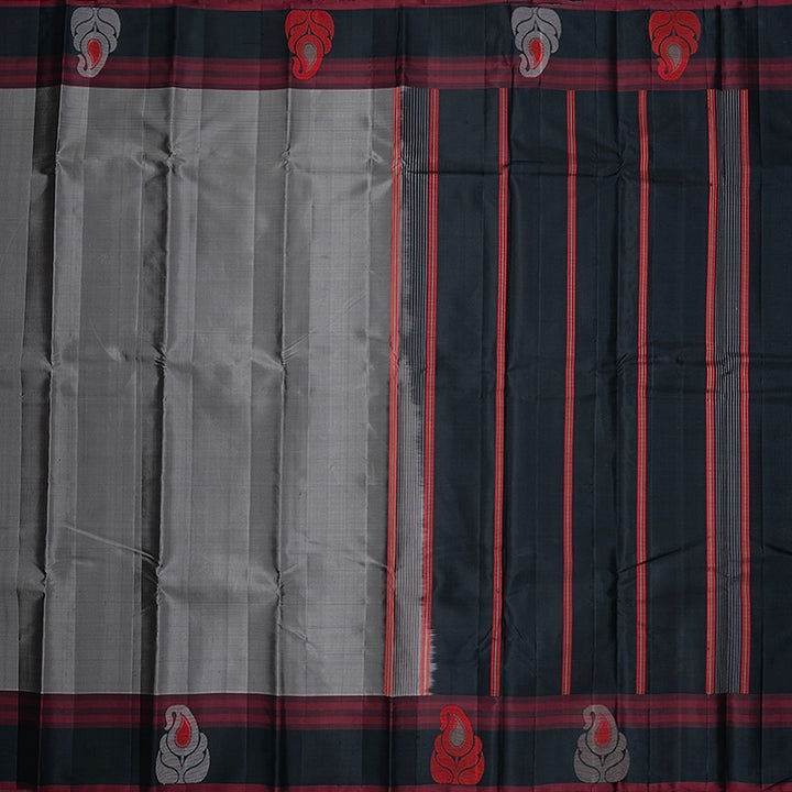 Hayagrivas Handloom Grey Kanjivaram Silk Saree with Black Border KBF224E3-1