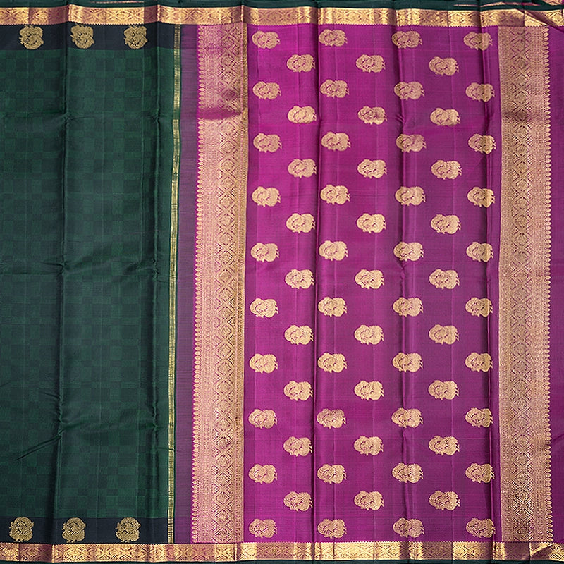 Hayagrivas Handloom Bottle Green &amp; Black (Carpet Checks) Kanjivaram Silk Saree KBF358F3-1