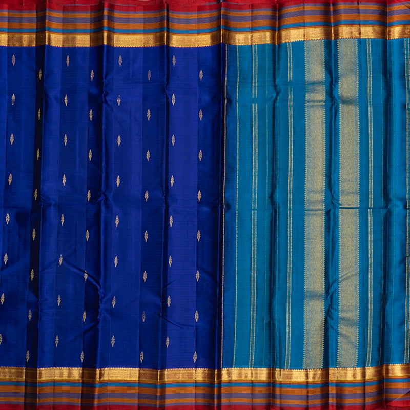 Hayagrivas Handloom Purplish-Blue Kanjivaram Silk Saree with Rust Orange Border KBF467F3-4