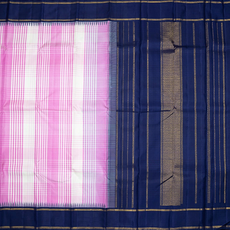 Hayagrivas Handloom Pink &amp; White Checks Kanjivaram Silk Saree with Navy Blue Border KBF518G6-1