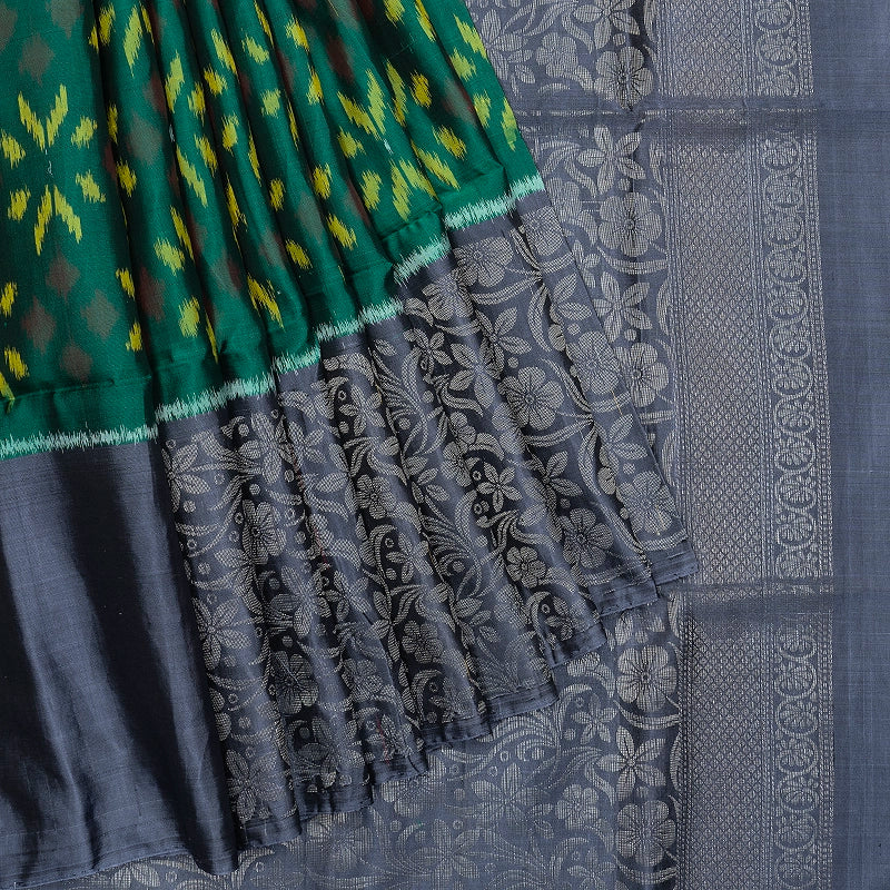 Hayagrivas Dark Green Handloom Ikkat Soft Silk Saree KBF535G8-2