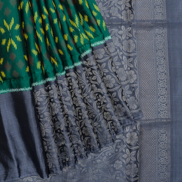 Hayagrivas Dark Green Handloom Ikkat Soft Silk Saree KBF535G8-2