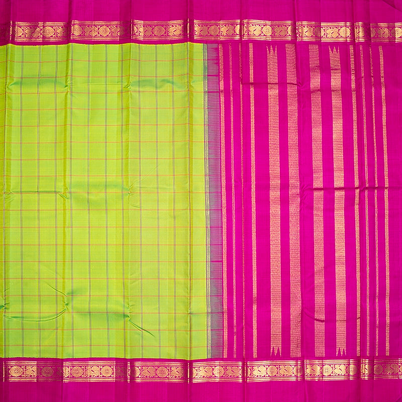 Hayagrivas Handloom Fluorescent Green Kanjivaram Silk Saree with Rani Pink Border KBF573G5-3