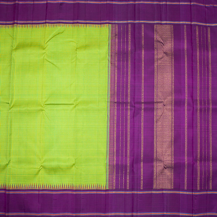 Hayagrivas Handloom Green &amp; Yellow Checks Kanjivaram Silk Saree with Purple Border KBF638G4-1