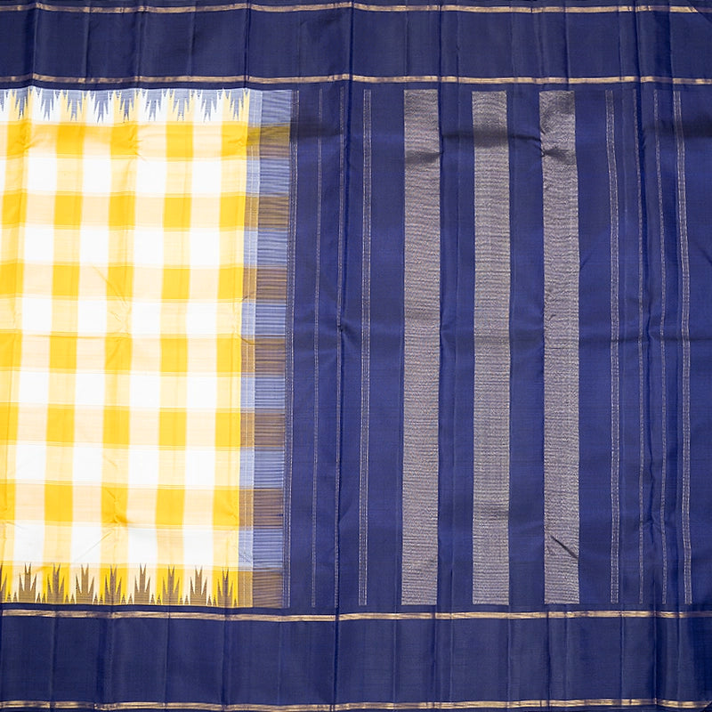 Hayagrivas Handloom Yellow &amp; Half-White Checks Kanjivaram Silk Saree with Purplish Blue Border KBF638G4-3