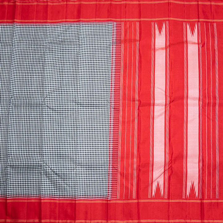 Hayagrivas Handloom Black &amp; White Checks Kanjivaram Silk Saree with Red Border KBF638G4-4