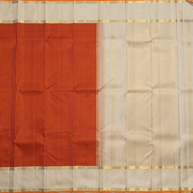 Hayagrivas Handloom Red &amp; Orange Checks Kanjivaram Silk Saree with Ivory Border KBF719G4-1