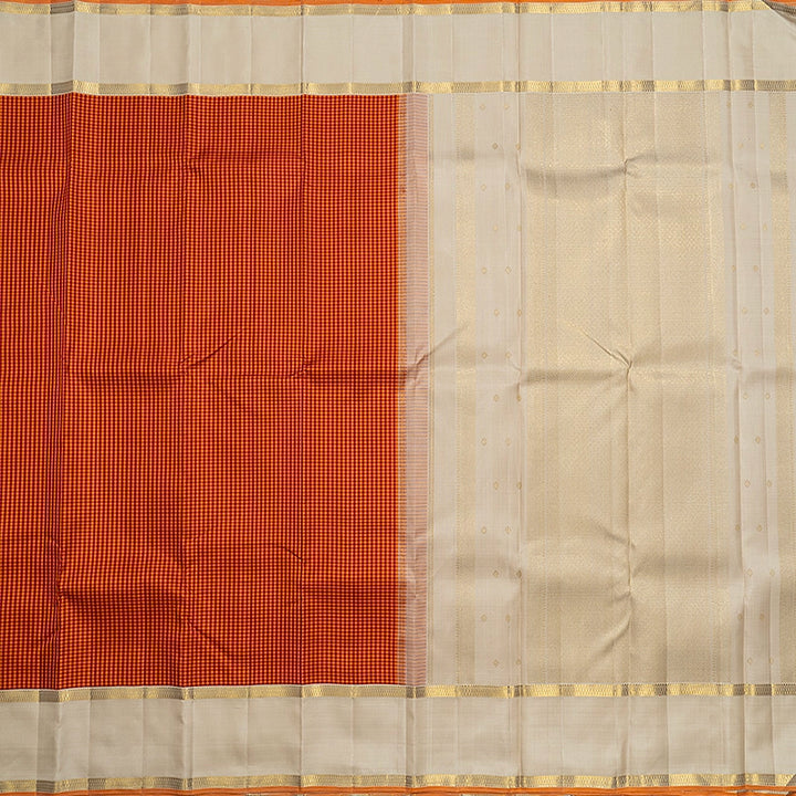 Hayagrivas Handloom Red &amp; Orange Checks Kanjivaram Silk Saree with Ivory Border KBF719G4-1