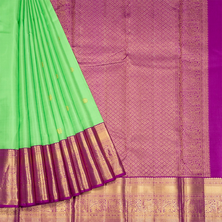 Hayagrivas Handloom Parrot Green Kanjivaram Silk Saree with Magenta Border KBF727G1-1