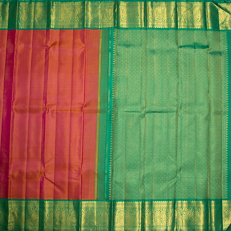 Hayagrivas Handloom Orangish Pink Kanjivaram Silk Saree with Parrot Green Border KBF727G3-3