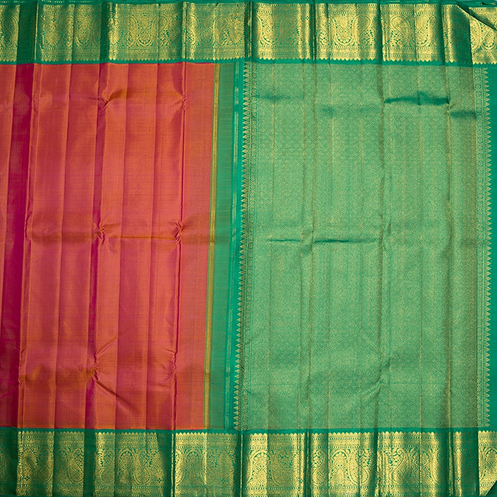 Hayagrivas Handloom Orangish Pink Kanjivaram Silk Saree with Parrot Green Border KBF727G3-3
