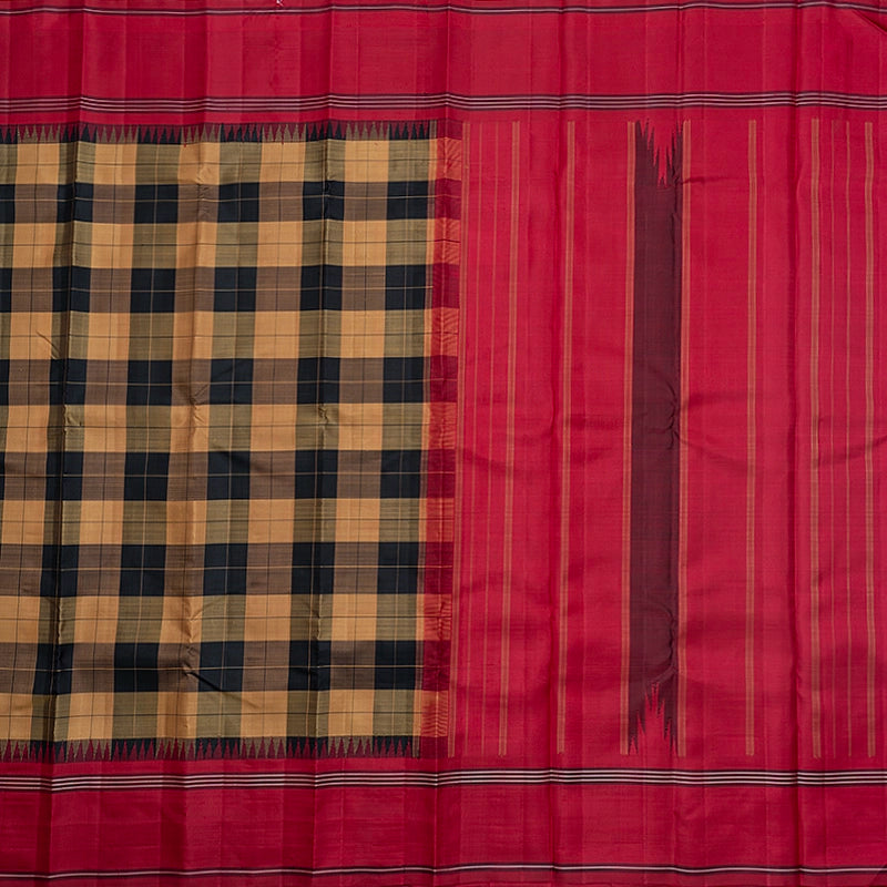 Hayagrivas Handloom Khaki Brown &amp; Black Checks Kanjivaram Silk Saree with Maroon Border KBF742H1-1