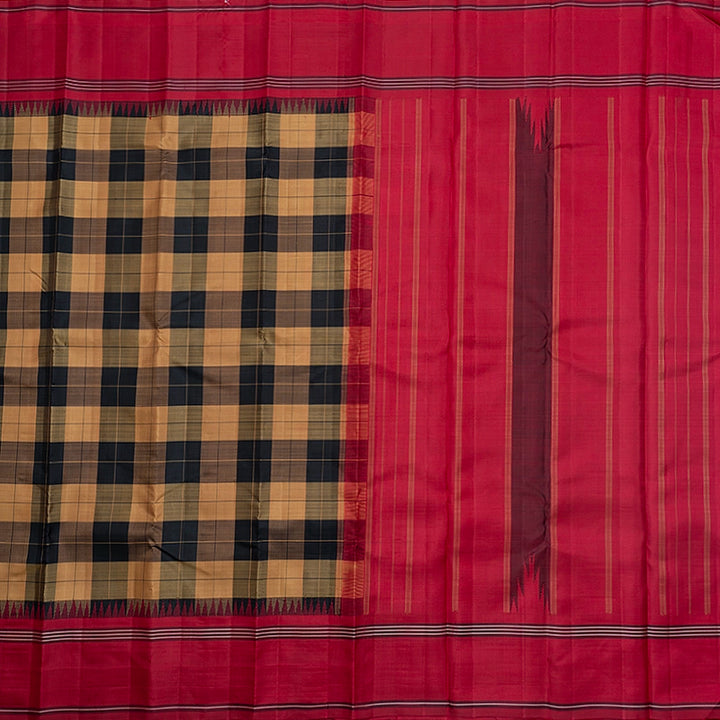 Hayagrivas Handloom Khaki Brown &amp; Black Checks Kanjivaram Silk Saree with Maroon Border KBF742H1-1