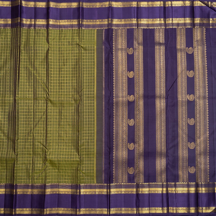 Hayagrivas Handloom Olive Green Kanjivaram Silk Saree with Purple Border KBF742H12-1