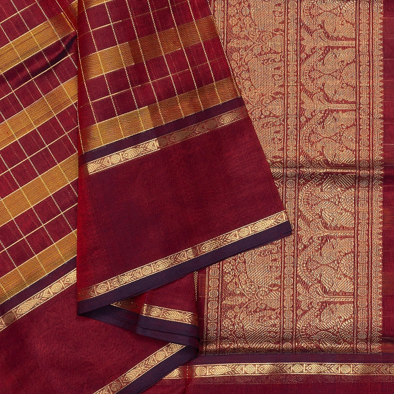 Hayagrivas Maroon &amp; Mustard Checks Kanchi Silk Cotton Saree SSCBF179I13-5