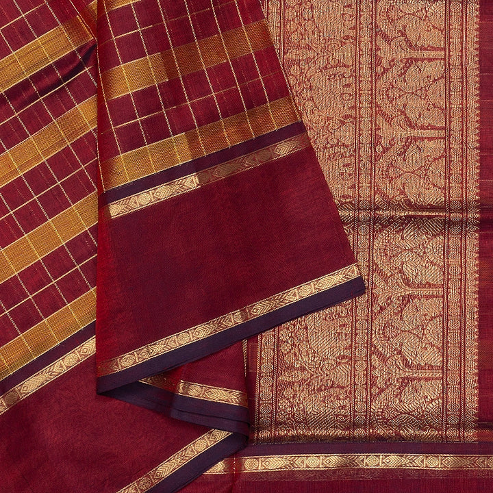 Hayagrivas Maroon &amp; Mustard Checks Kanchi Silk Cotton Saree SSCBF179I13-5