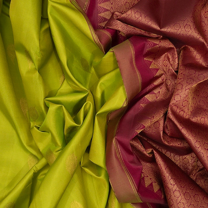 Hayagrivas Handloom Fluorescent Green Kanjivaram Silk Saree with Burgundy Border KBF411F27-1