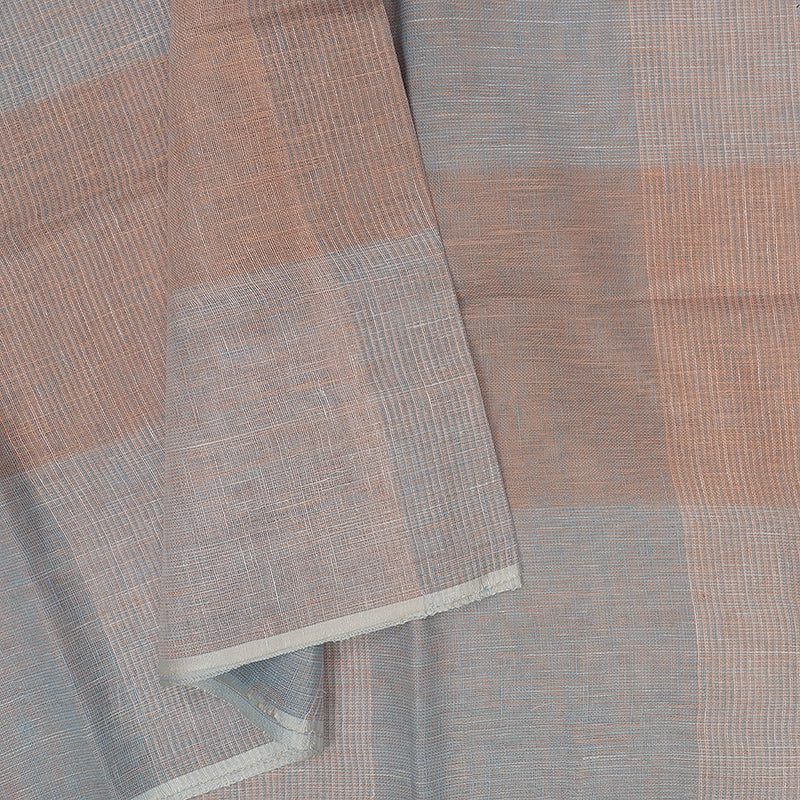 Hayagrivas Peach & Powder Blue Checks Handloom Linen Saree KBE2531C3-1