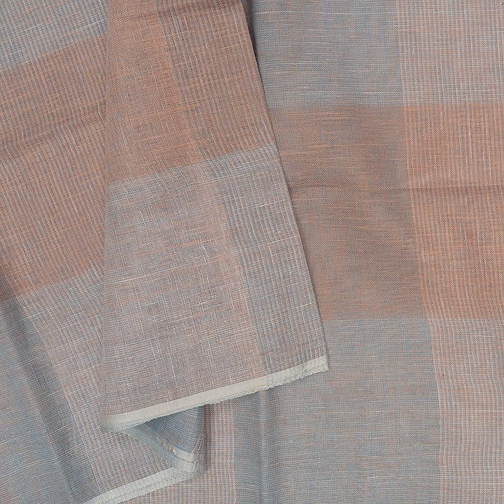 Hayagrivas Peach & Powder Blue Checks Handloom Linen Saree KBE2531C3-1