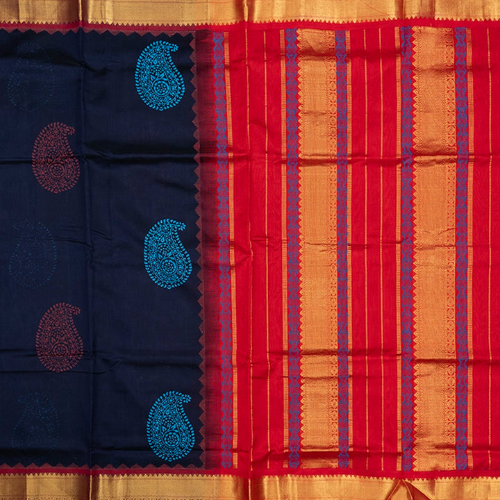 Hayagrivas Navy Blue Pure Printed Silk Cotton Saree HBF195E3-7
