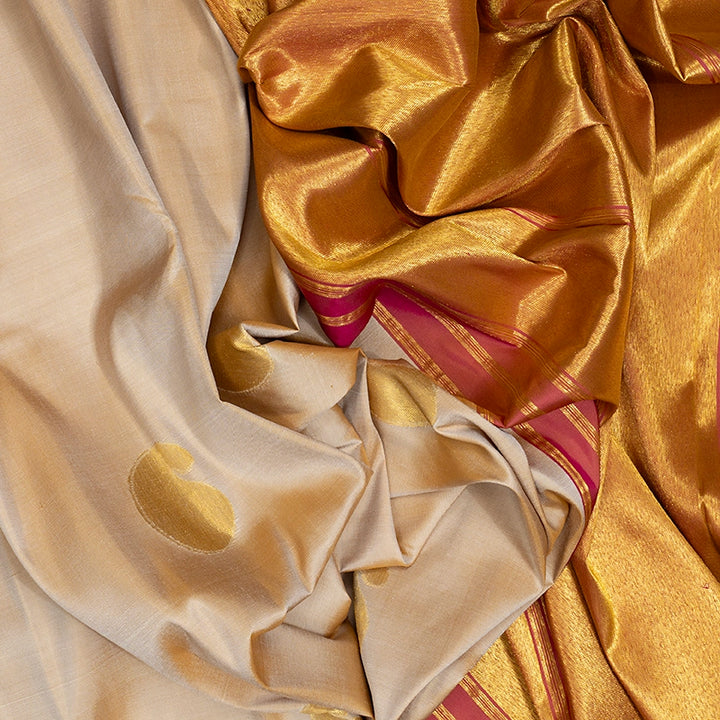 Hayagrivas Handloom Beige Kanjivaram Silk Saree with Onion Pink Border KBF393F1-1