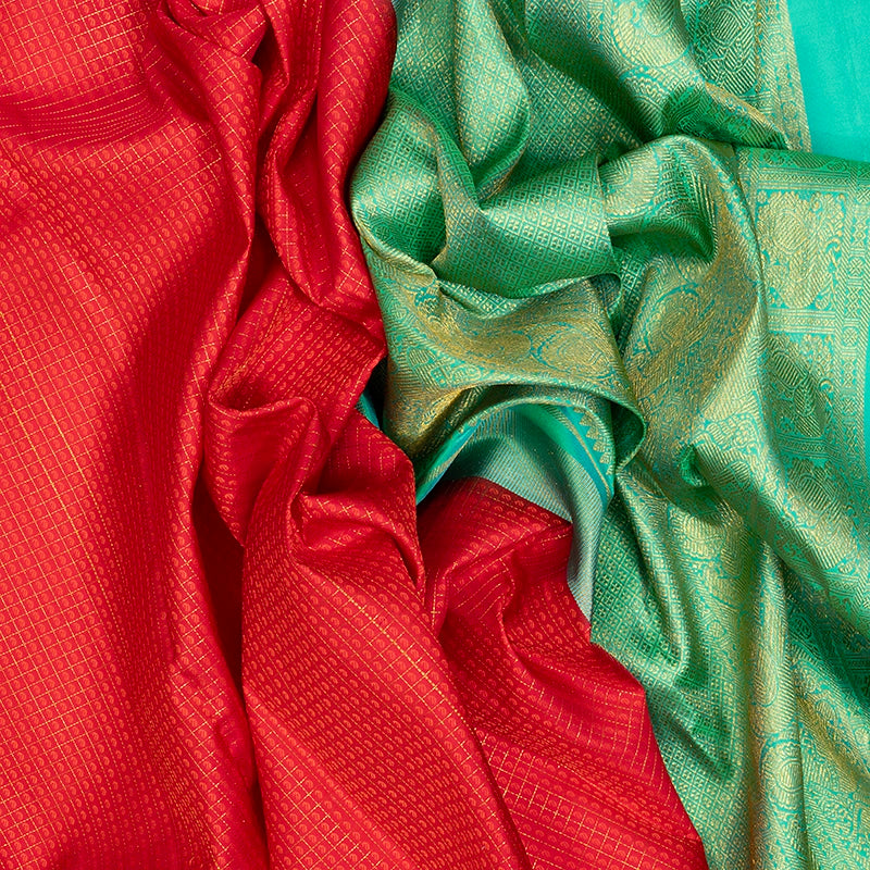 Hayagrivas Handloom Red Kanjivaram Silk Saree with Aqua Green Border KBF427F5-3