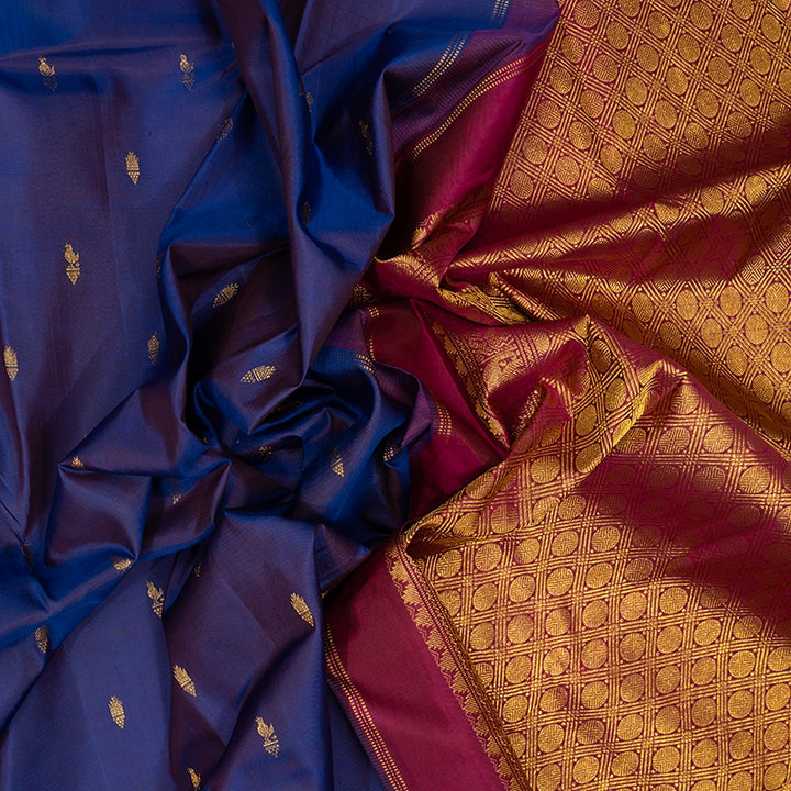 Hayagrivas Handloom Purplish-Blue Kanjivaram Silk Saree with Wine Purple Border KBE1713K2-2
