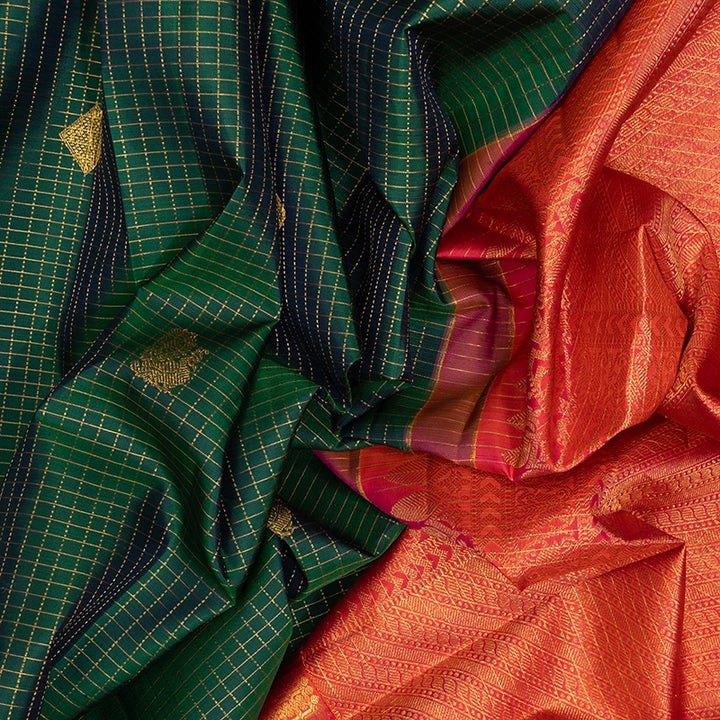 Hayagrivas Handloom Bottle Green Kanjivaram Silk Saree with Orangish-Pink Border KBF433F16-1