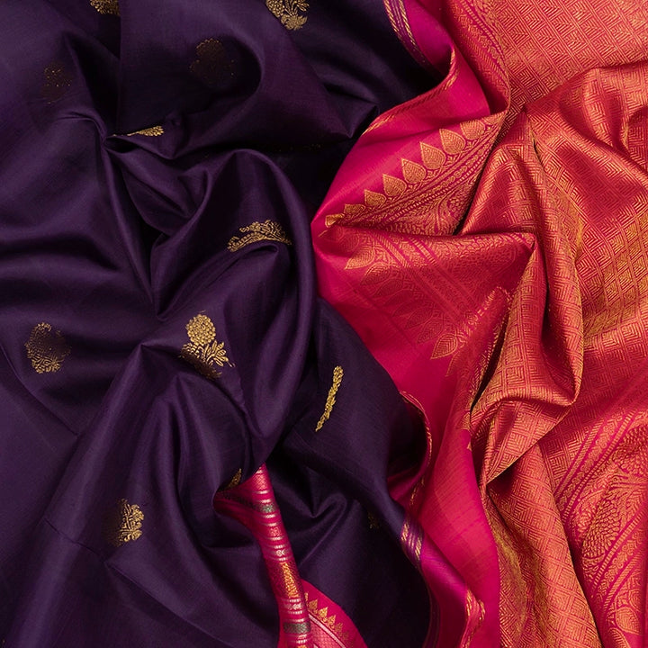 Hayagrivas Handloom Brinjal Purple Kanjivaram Silk Saree with Pink Border KBE1818L6-1