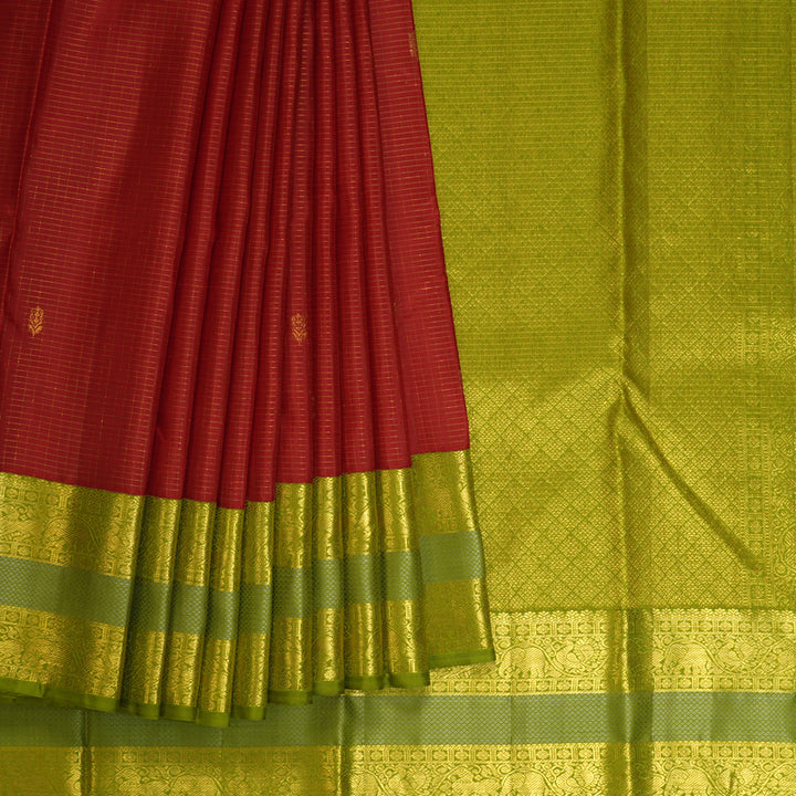 Hayagrivas Red Handloom Kanjivaram Silk Saree with Olive Green Border KBE196D2-1