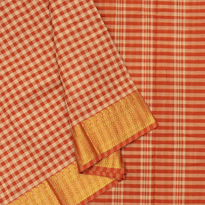 Hayagrivas Orange &amp; Cream Checks Handloom Chettinad Cotton Saree SSCBF134H2-32