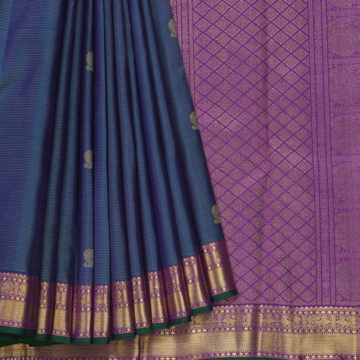 Hayagrivas Handloom Peacock Blue Kanjivaram Silk Saree with Purple Border KBF27D2-1