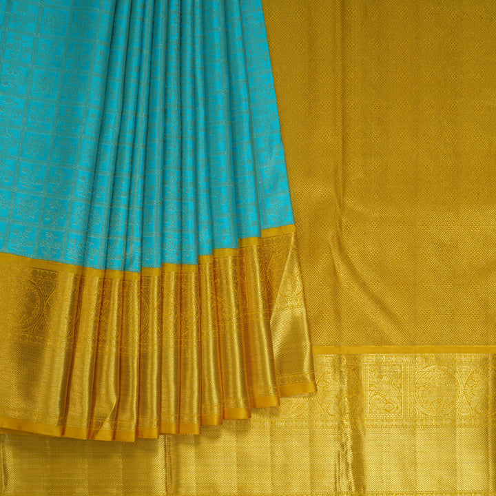 Hayagrivas Handloom Sky Blue Kanjivaram Silk Saree with Yellow Border KBE2356B7-1