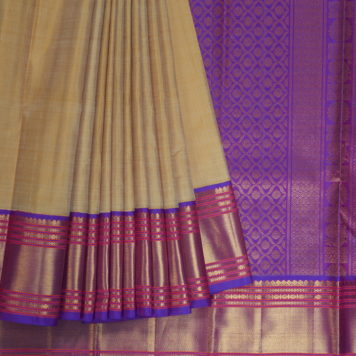 Hayagrivas Sandal Beige Handloom Kanjivaram Silk Saree with Purple Border KBE211D2-1