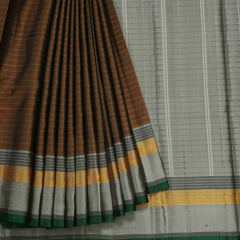 Hayagrivas Handloom Burnt Orange Kanjivaram Silk Saree with Silver Grey Border KBE2148A12-1