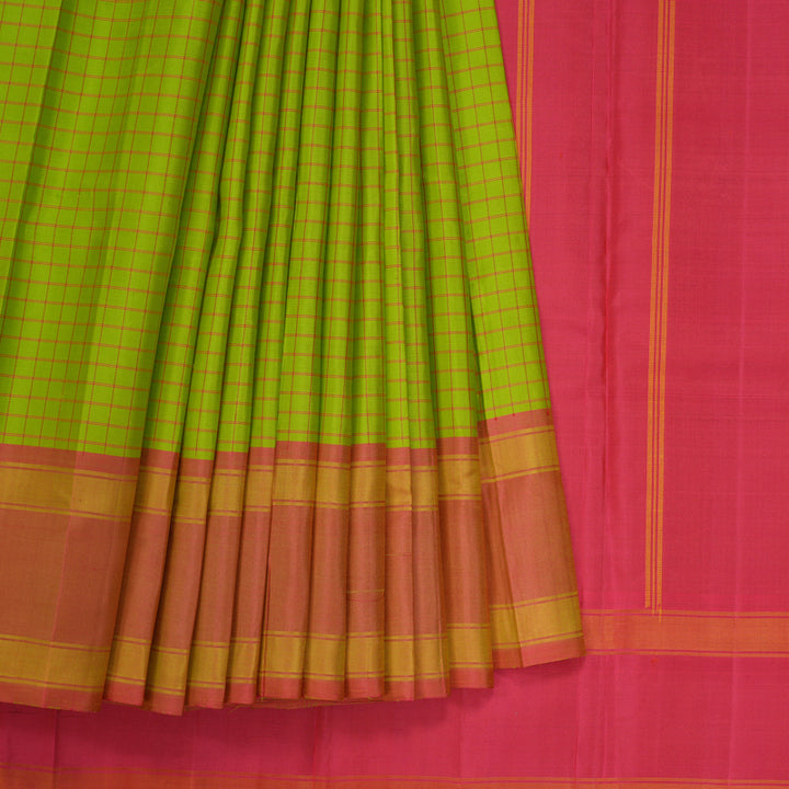 Hayagrivas Handloom Fluorescent Green Kanjivaram Silk Saree with Onion Pink Border KBE866H4-5