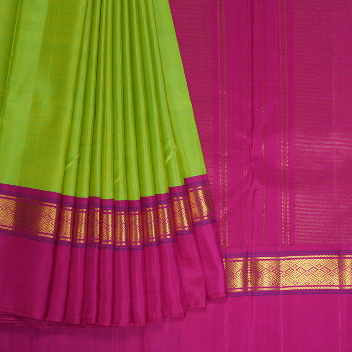 Hayagrivas Handloom Fluorescent Green Kanjivaram Silk Saree with Rani Pink Border KBE2033A4-2