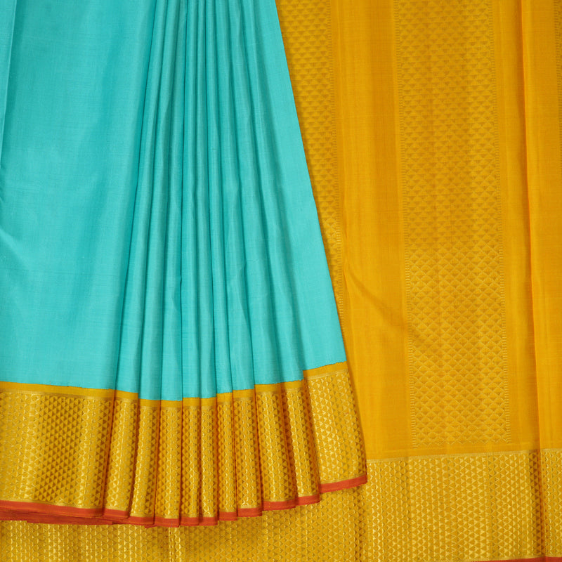 Hayagrivas Handloom Kanjivaram silk saree in Sky blue with Mustard yellow Korvai KBE361E1-2