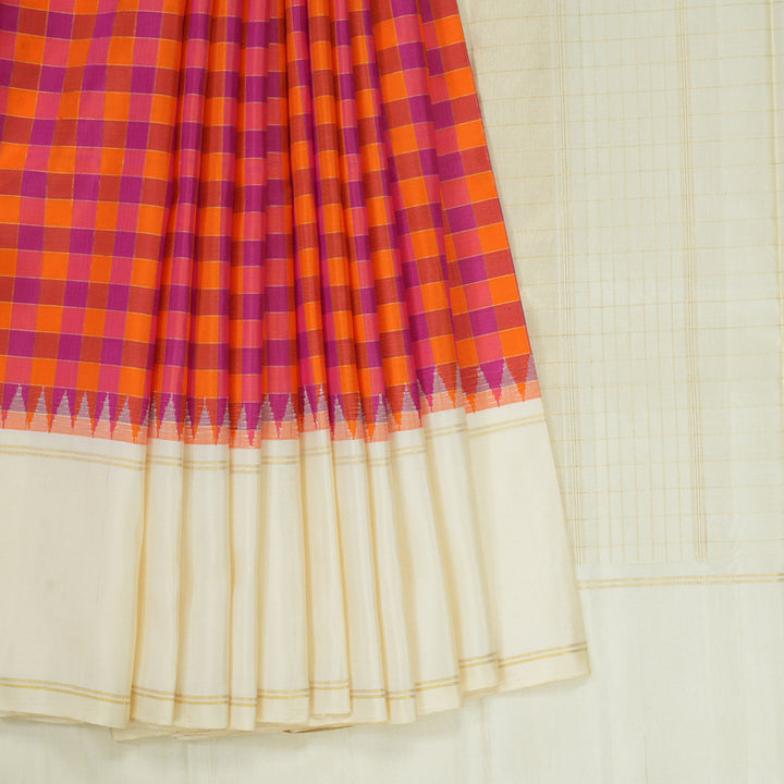 Hayagrivas Handloom Orange & Pink Checks Kanjivaram Silk Saree with Half-White Border KBE2431C7-1
